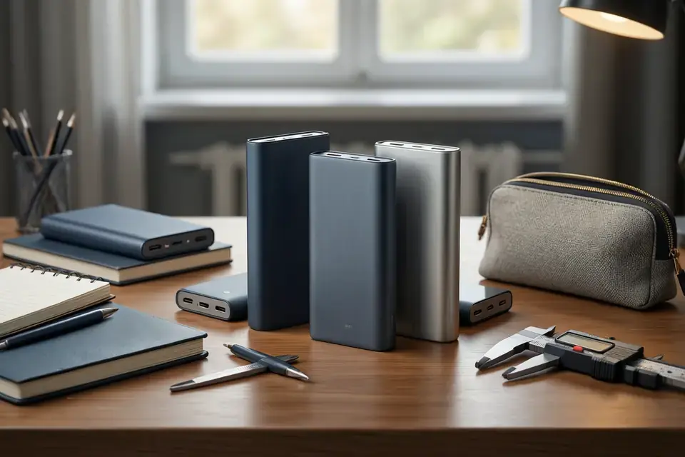 Powerbanks en testspullen op een bureau in een rustige redactionele setting