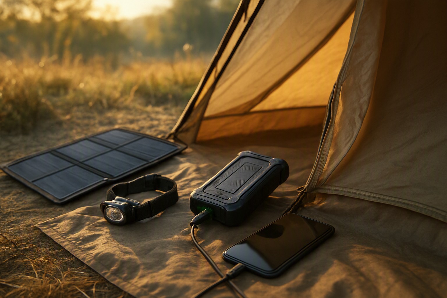 Robuuste powerbank die een telefoon oplaadt bij de opening van een tent op een camping, met een opvouwbaar zonnepaneel en hoofdlamp ernaast