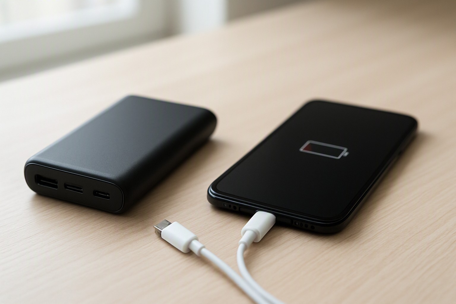 Zwarte powerbank en een smartphone met lege accu op een houten bureau, met een losse usb-kabel die nergens is aangesloten