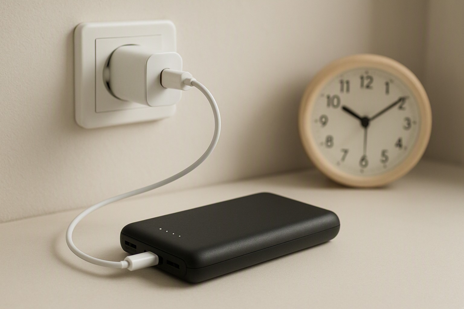 Zwarte powerbank die via een witte USB-C-lader in het stopcontact wordt opgeladen, met een wandklok op de achtergrond