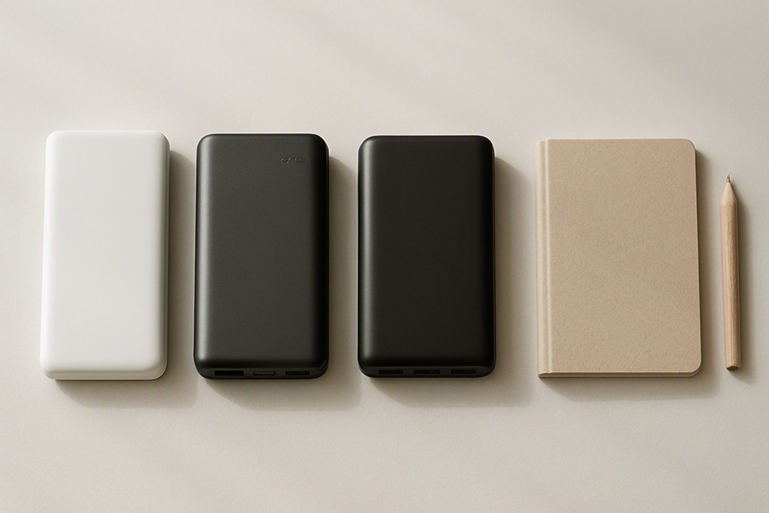 Drie powerbanks naast elkaar op een licht bureau, met een notitieboekje en potlood ernaast om de specificaties te vergelijken