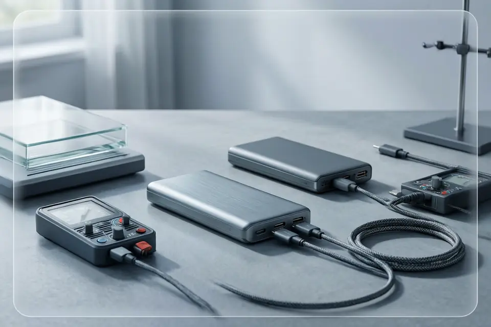 Powerbanks, meetapparatuur en kabels in een rustige testopstelling