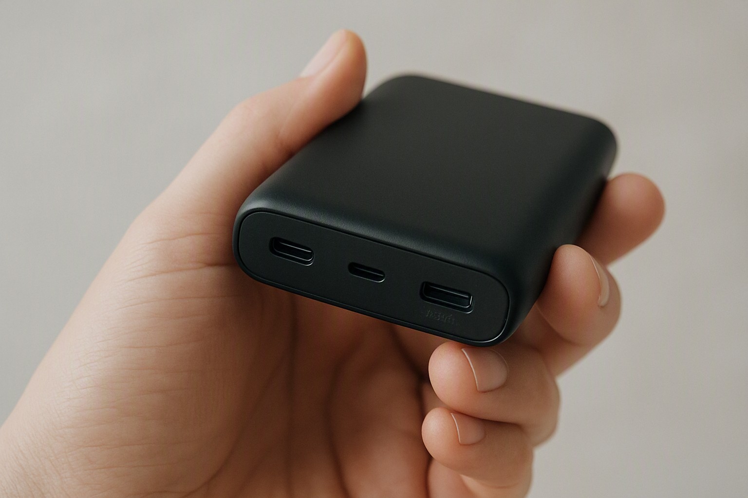 Hand die een zwarte powerbank vasthoudt en de USB-C-poorten aan de zijkant bekijkt